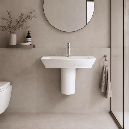 Balterley White Ceramic Soft Square Semi Pedestal Bathroom Sink with Overflow and 1 Tap Hole, W/D/H: 65.0 x 46.5 x 45.0 cm – 2