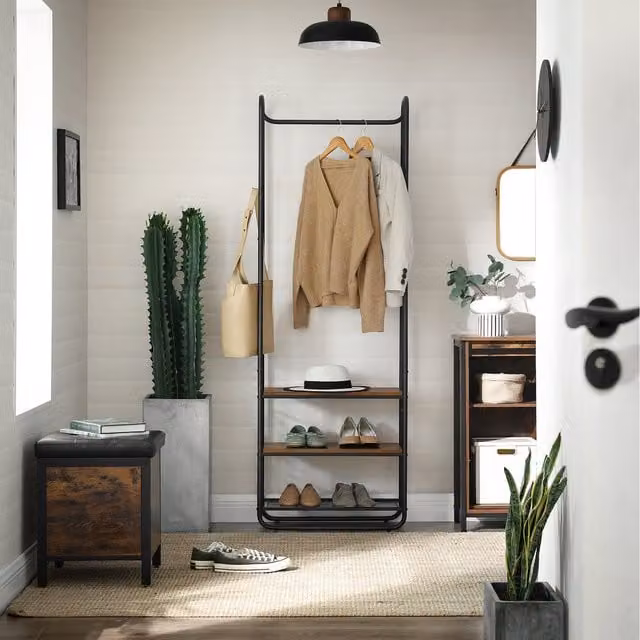 VASAGLE Hall Tree with Shoe Rack and Storage Shelves in Black and Brown