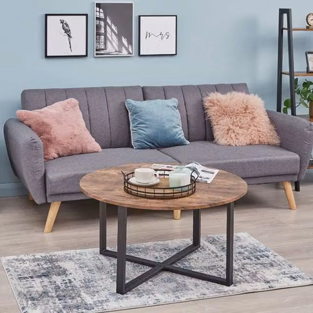 Furnituremaxi Industrial Round Coffee Table with X-Frame in Brown Wood and Metal