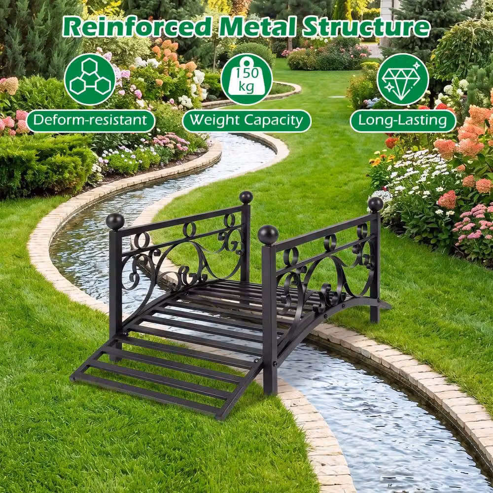 Gymax Arched Garden Bridge with Dual Patterned Metal Side Rails in Black, 101.5 cm – 6