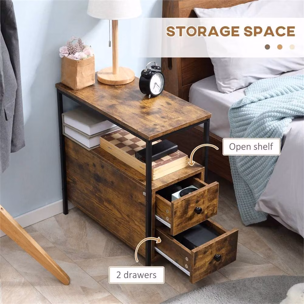 Nordara Industrial Narrow End Table with 2 Drawers and Storage Shelf, Brown and Black, W/D/H: 30 x 60 x 61 cm – 4