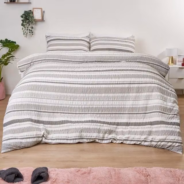 Dreamscene Grey Stripe Print Seersucker Duvet Set with Pillowcases