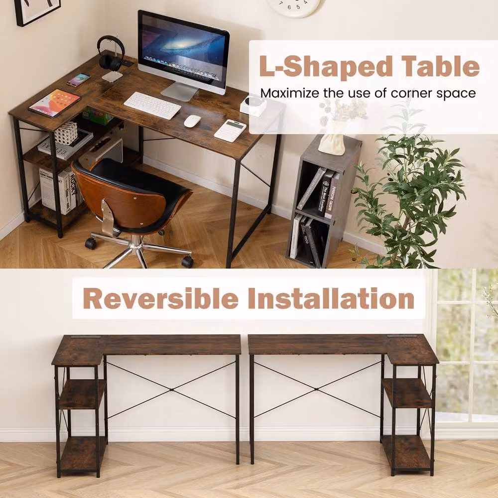 Costway L-shaped Corner Computer Desk with Power Outlet and Reversible Shelves in Brown – 5