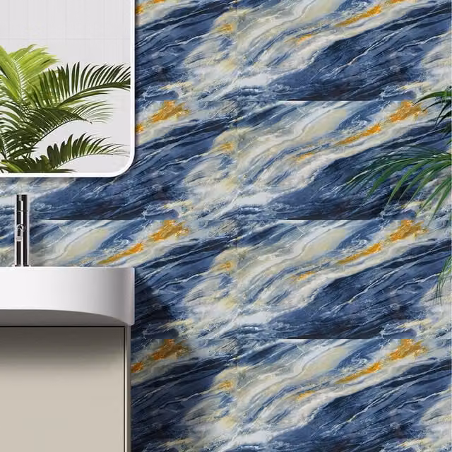 Komore 10-Piece Abstract Modern Marble Wall Stickers, Waterproof and Fire-Resistant Self-Adhesive Decals in Blue, White and Yellow