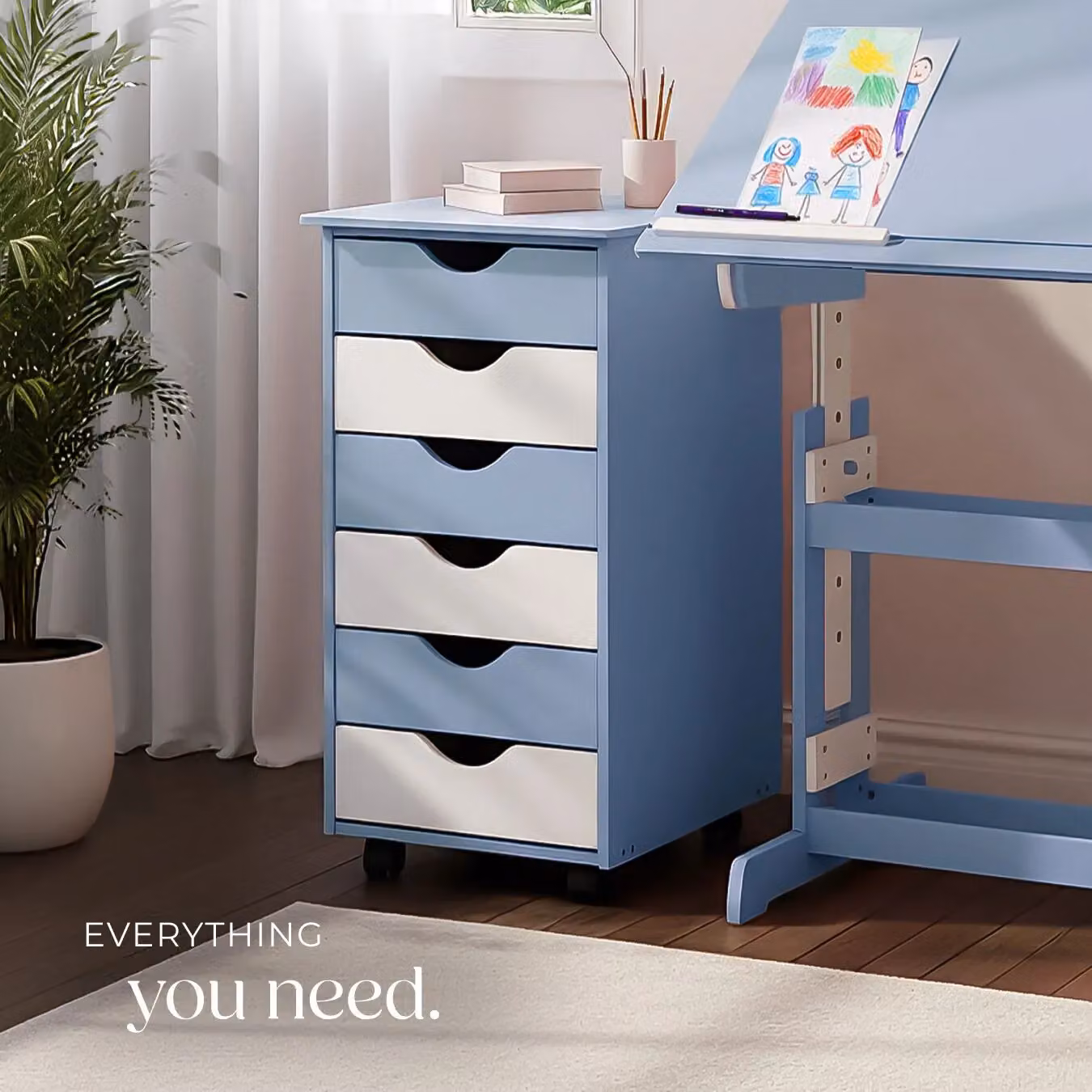 tectake 6 Drawer Wooden Filing Cabinet with Swivel Castors in Blue – 3