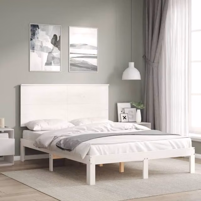 Berkfield Home Beautiful Bed Frame with Headboard in White Solid Pine Wood, W/D/H: 120 x 200 x 82.5 cm – 1