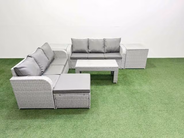 Fimous 7 Seater Grey Wicker Rattan Garden Furniture Set with L-Shape Sofa, Oblong Coffee Table and Ottoman