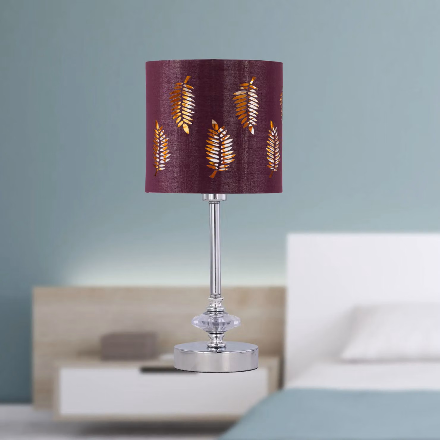 First Choice Lighting Set of 2 Chrome Jewelled Table Lamps with Burgundy Fabric Shades, H 33 cm x W 15.5 cm x D 15.5 cm – 3