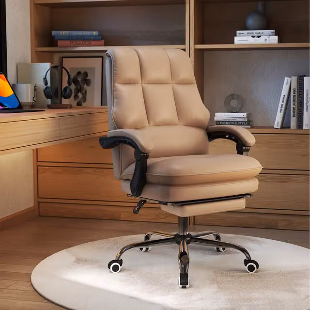 Costway Brown and Beige Synthetic Leather Executive Swivel Office Chair with Footrest and Armrests