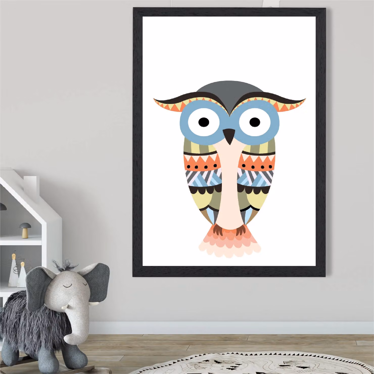 ARTZE Totem Owl Tribal Animal Framed Print, Grey and Black, A2 – 2
