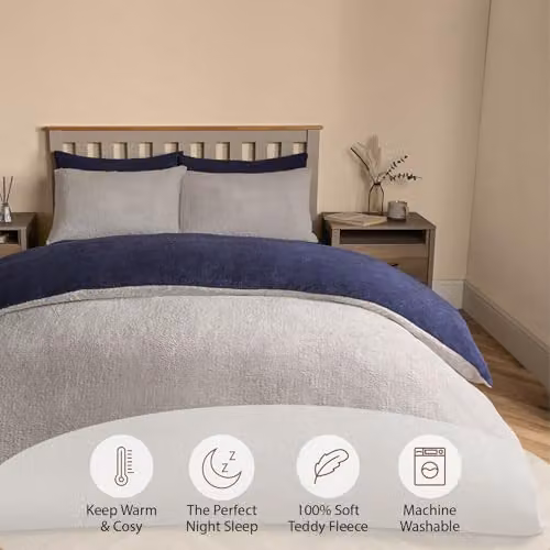 Brentfords Reversible Double Teddy Fleece Bedding Set in Blue and Grey, including Duvet Cover 200 x 200 cm and Pillowcases 50 x 75 cm – 3