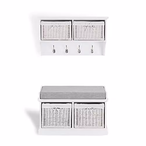 Tetbury White Hanging Shelf and Storage Bench with 2 Rattan Baskets and Wall Coat Hooks