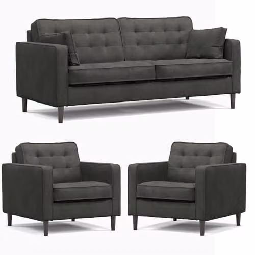 Furnishings For Less UK Eden Toledo 3 Piece Fabric Sofa Suite in Grey, including 3 Seater Sofa and 2 Armchairs