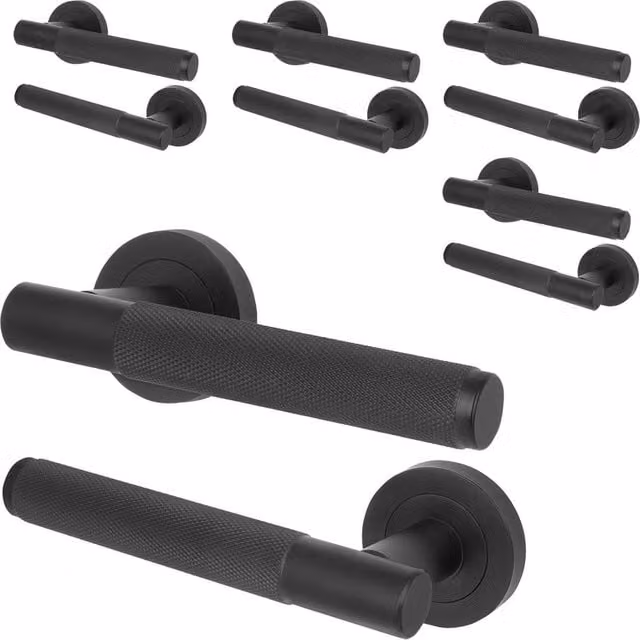 AFIT Matt Black Knurled Internal Lever Door Handles with Round Rose, 5 Pairs – 1