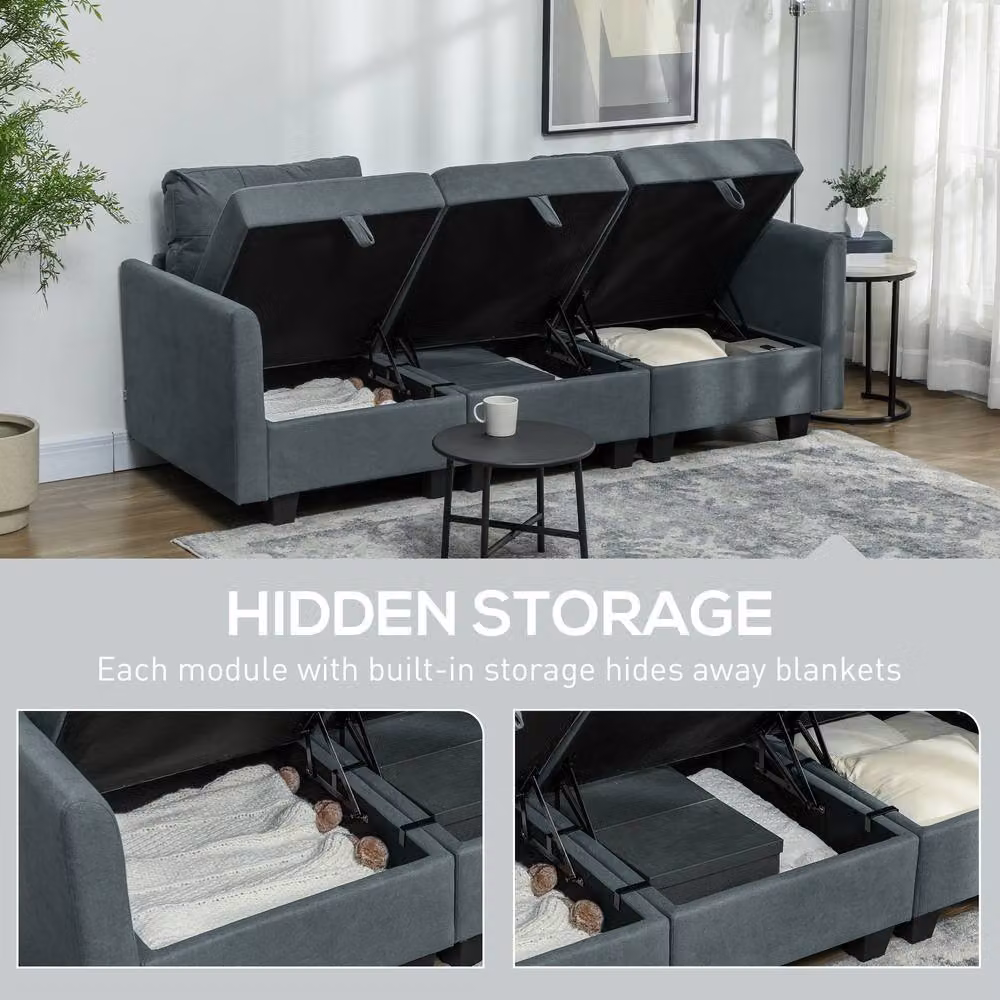 ERGOVEXA L-Shape Modular Storage Sofa in Dark Grey with Reversible Fabric Upholstery and Solid Wood Frame – 4