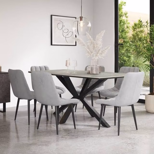 More4Homes Juno Light Grey Ceramic Rectangular Dining Table and 8 Nova Velvet Chairs W/D/H: 180 x 90 x 75 cm