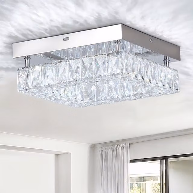 Livingandhome Square Stainless Steel and Crystal Ceiling Light in White and Chrome