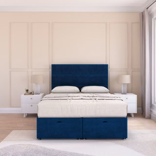 Sloomy Texas Single Ottoman Bed with Sprung Memory Mattress and 54 Inch Floorstanding Headboard in Navy Blue