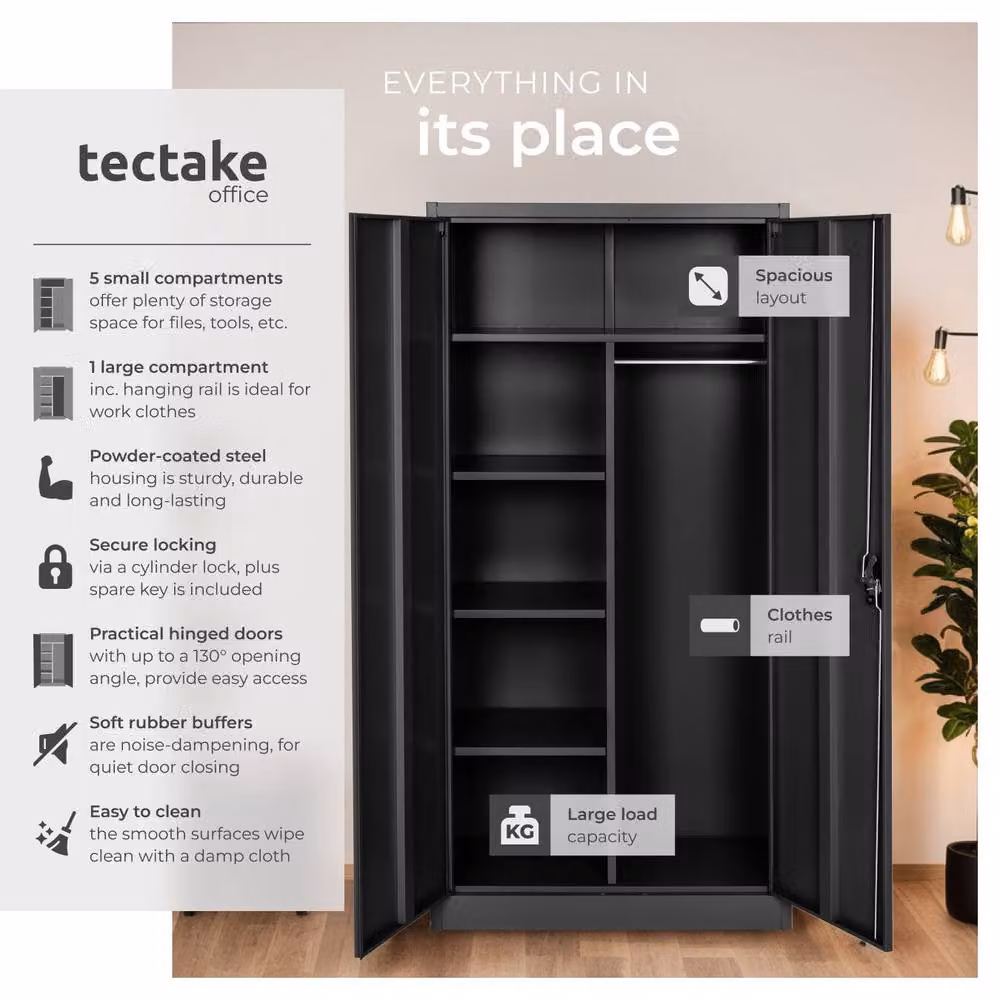 tectake Modern Metal Filing Cabinet in Matt Black with Hinged Doors and Lock, H 180 x W 80 x D 40 cm – 2