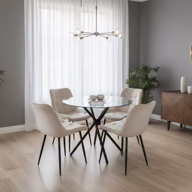 Madefor.living Round Glass Dining Table and X-Frame Chairs Set in Beige and White