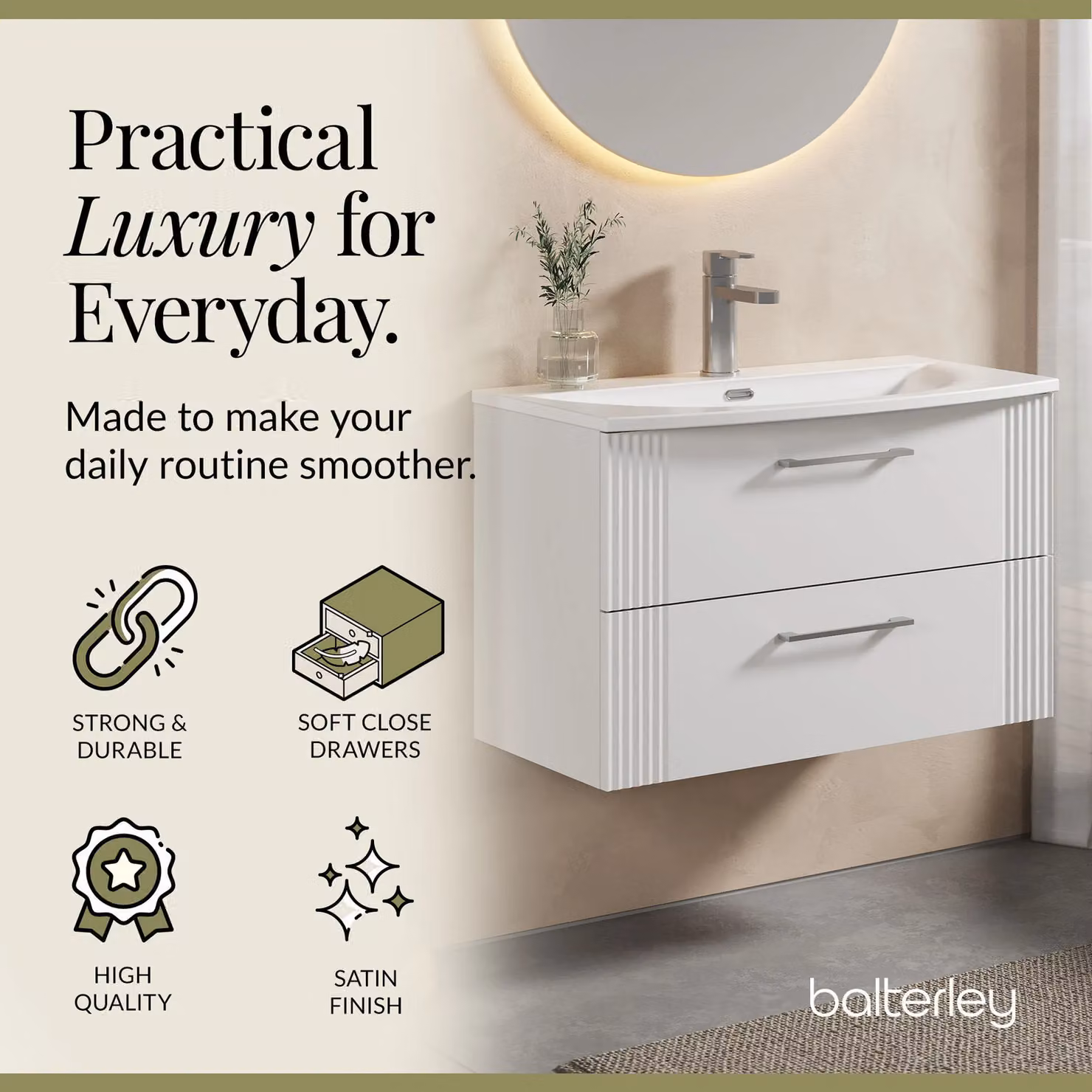Balterley Wall Hung 2 Drawer Vanity Unit with Curved Vitreous China Basin, Satin White, W: 80 cm, D: 53 cm – 2