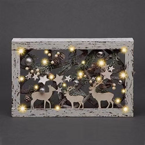 Shatchi Christmas Pre-Lit Rectangular Wooden Tabletop Centrepiece Decoration in Brown, Silver and White with Pinecones and Baubles, W/D/H: 40 x 25 x 5.5 cm – 1