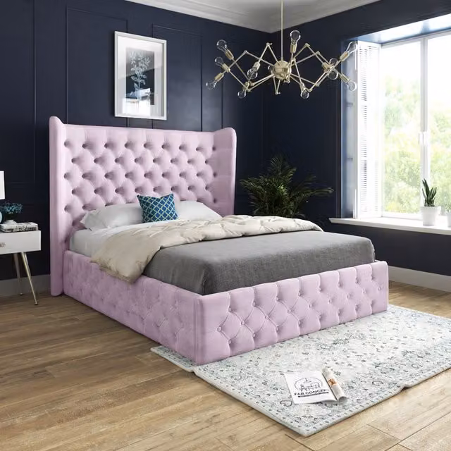 Dreamer Wide Winged Soft Velvet Upholstered Bed Frame in Pink, W/D/H: 200 x 200 cm
