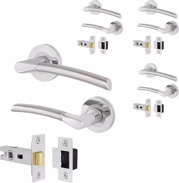 AFIT Chrome Door Handle Pack of 4, Satin Nickel Feature Lever in Silver, W/D/H: 15.0 x 15.0 x 6.6 cm