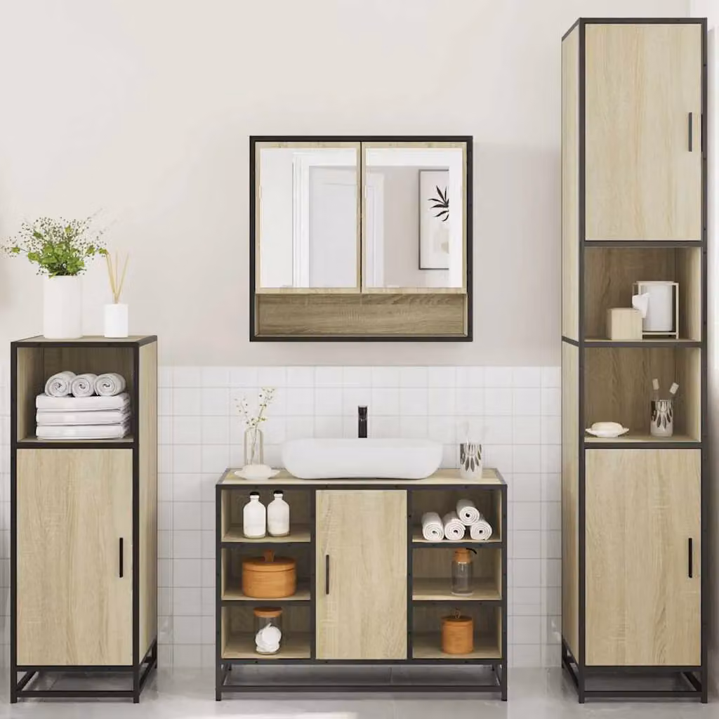 Berkfield Home 4-Piece Brown Sonoma Oak Bathroom Furniture Set with Vanity Unit and Mirror Cabinet – 3
