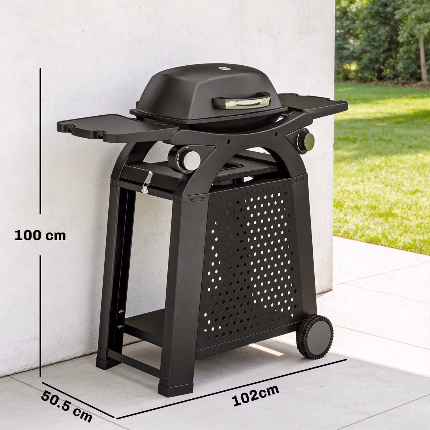 Outsunny 2 Burner Gas Barbecue Grill with 2 Side Tables and Cast Iron Grates, 3.8 KW Black Tabletop BBQ with Wheels – 3