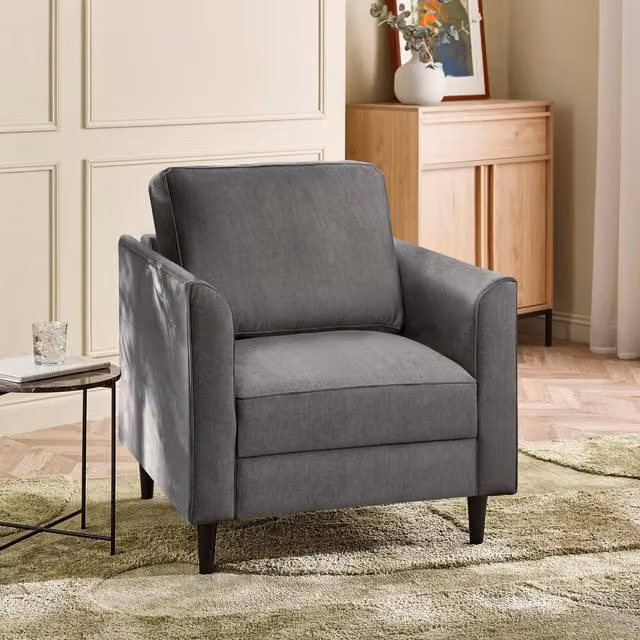 FurnitureboxUK Logan Grey Fabric Armchair with Solid Wood Frame – 1