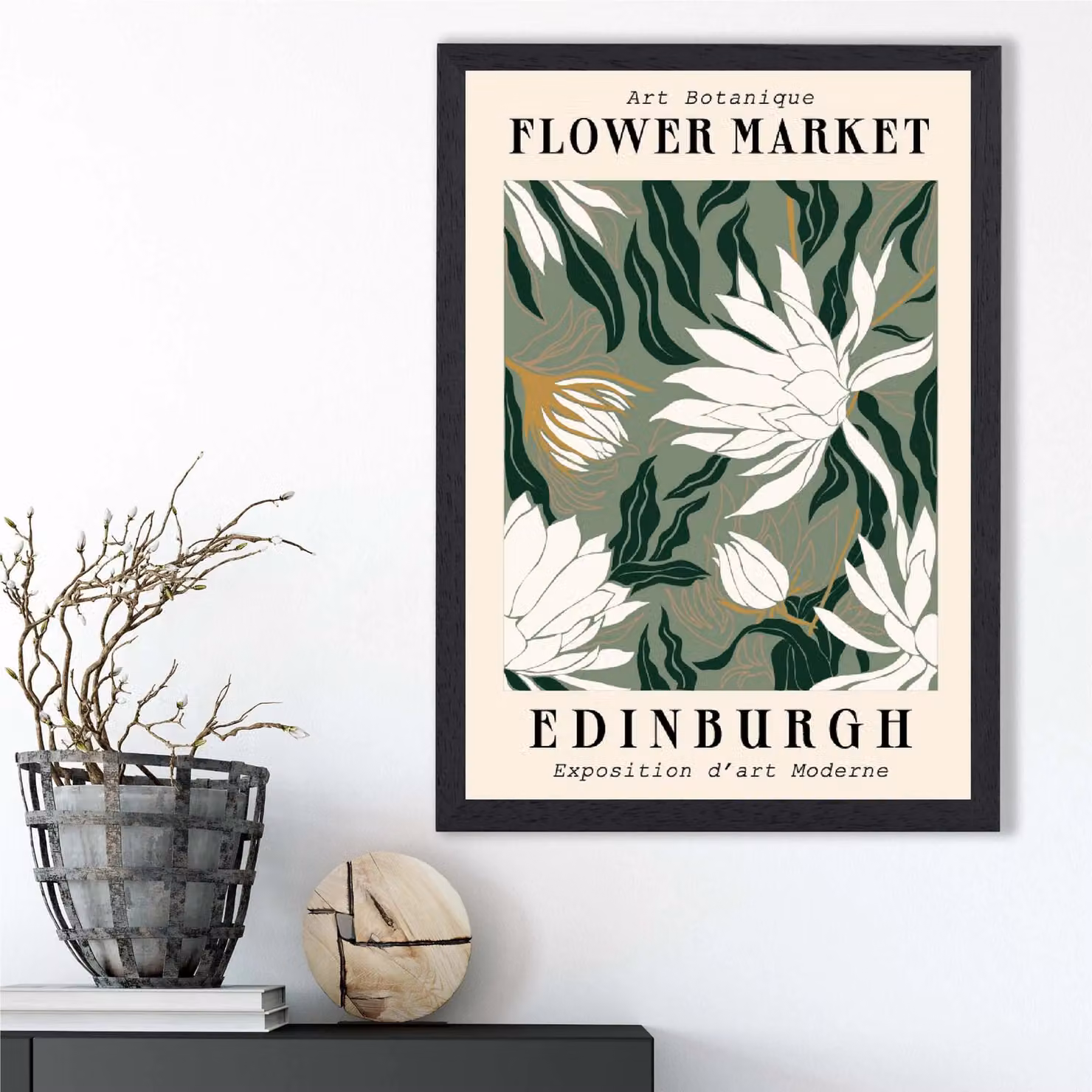 ARTZE Edinburgh Green and White Flower Market Exhibition Framed Print, Black Frame, Beige – 2