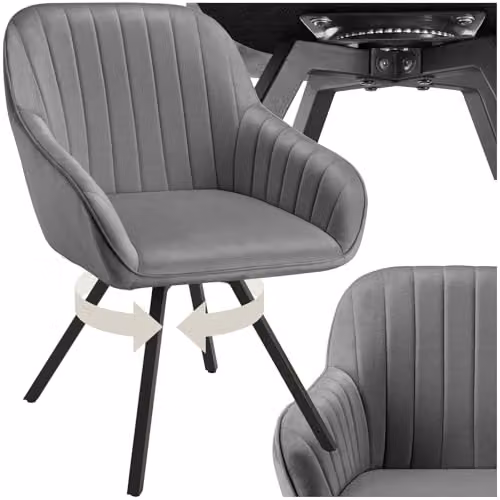 tectake Grey Velvet Swivel Armchair with Tub Design and Armrests – 1