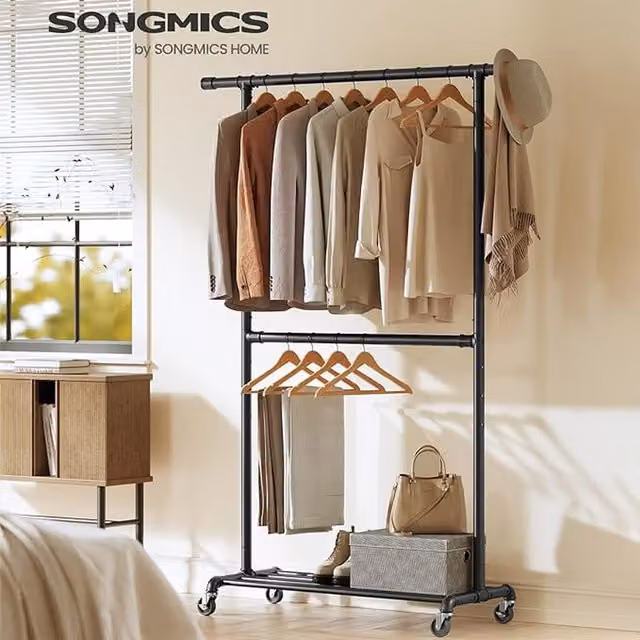 SONGMICS Heavy Duty Industrial Double Clothes Rail in Black Metal