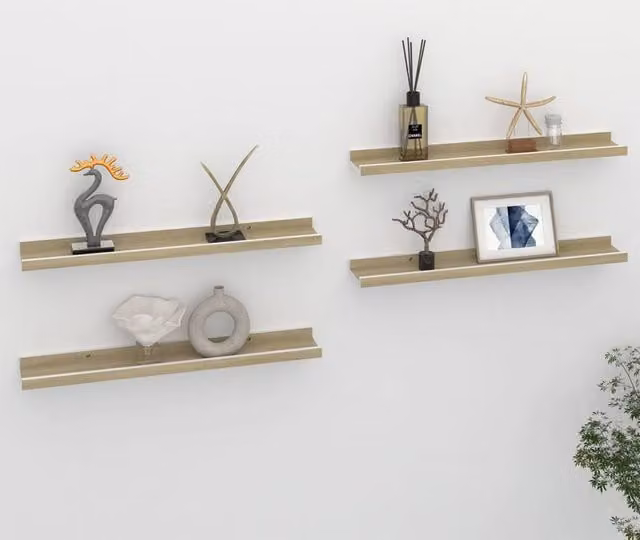 Berkfield Home Wall Mounted Shelves, 4 Piece Set in White and Sonoma Oak, W: 60 cm, D: 9 cm, H: 3 cm