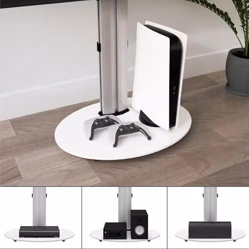 AVF Freestanding Column TV Stand in Silver with White Safety Glass Shelf for Screens up to 55 inch – 3