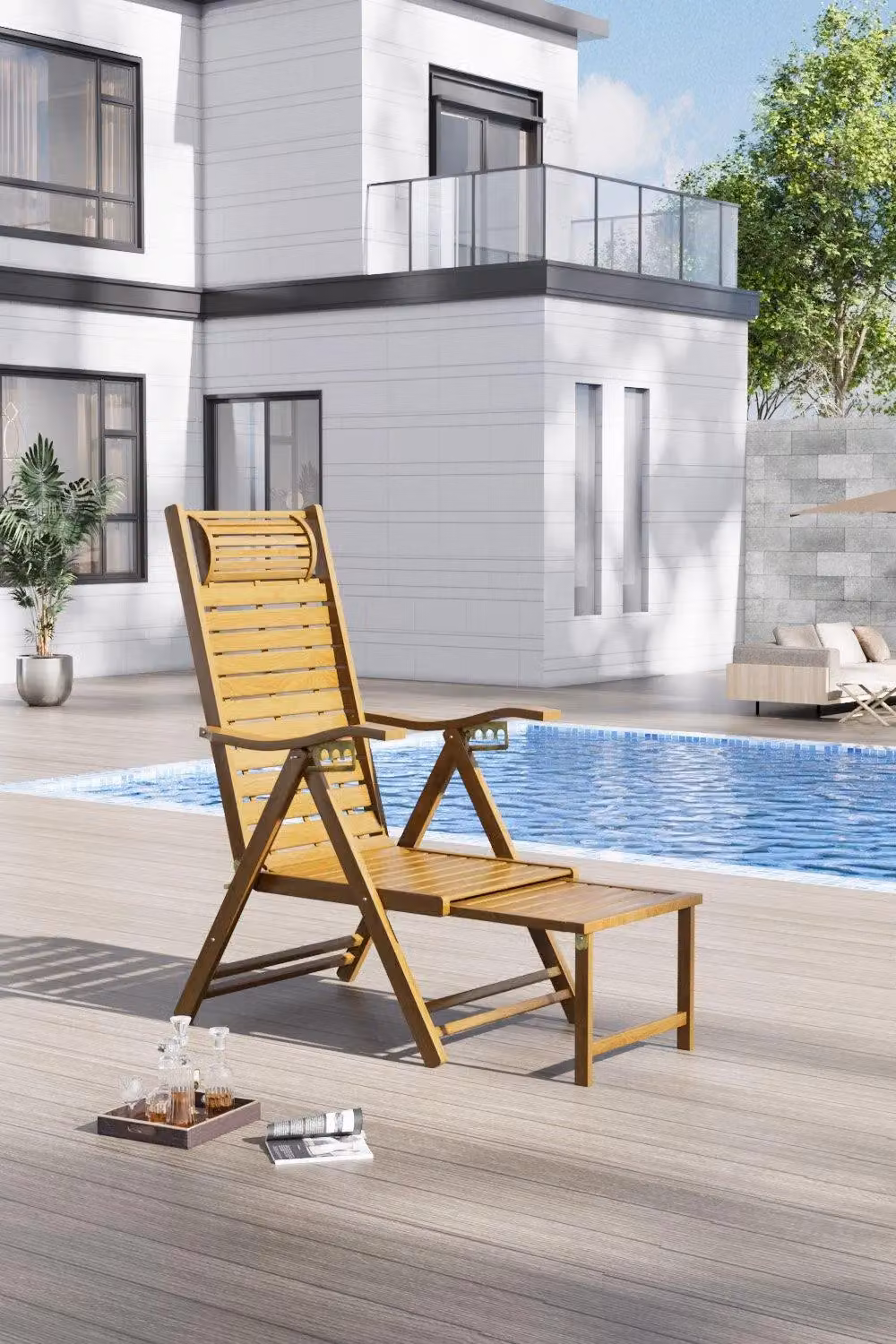 Garden Sanctuary Foldable Bamboo Recliner Lounge Chair with Retractable Footrest, Adjustable Headrest and Armrests in Natural Brown – 2