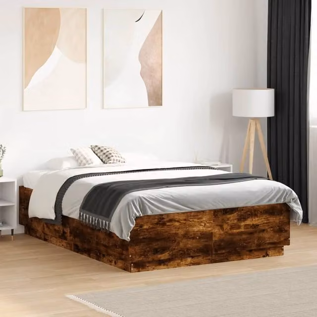 Berkfield Home Smoked Oak Small Double Bed Frame with LED Lighting and USB Charging Port, Brown, W/D/H: 120 x 190 cm
