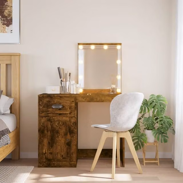 Berkfield Home Dressing Table with LED Lights in Smoked Oak Brown, W/D/H: 90 x 42 x 132.5 cm