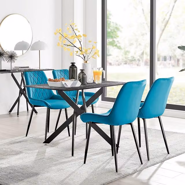 FurnitureboxUK Leonardo Grey Glass Marble Effect Table with 4 Blue Pesaro Black Leg Chairs