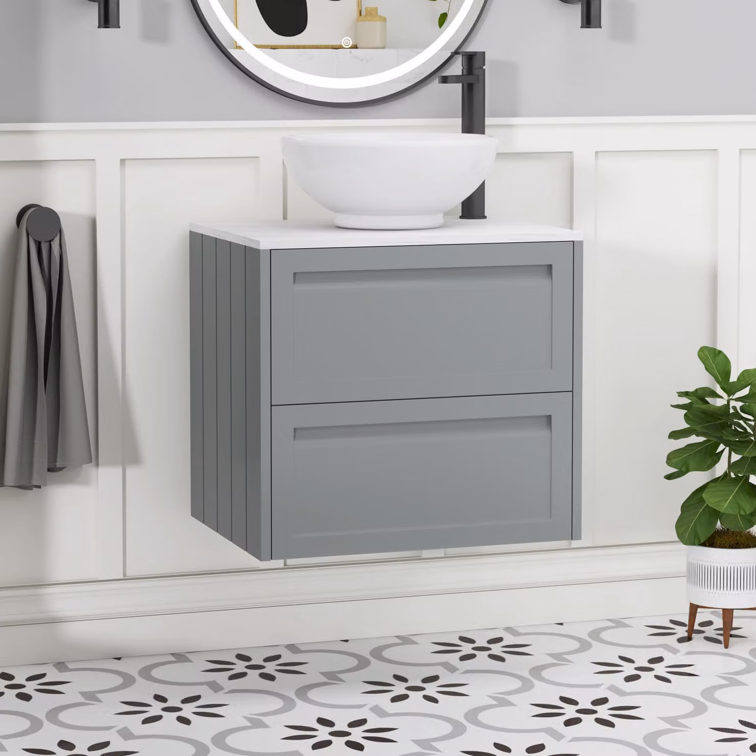 Royal Bathrooms Elmore 600mm Wall Hung Countertop Vanity Unit with 2 Drawers and Breeze Basin in Matt Pebble Grey