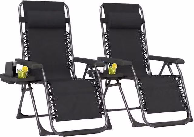 Dyzi Set of 2 Zero Gravity Reclining Garden Chairs in Black with Adjustable Headrest and Cup Holders