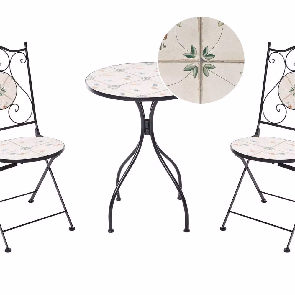 Wyld and Coco Black Mediterranean Bistro Set with Round Ceramic Mosaic Tile Table and 2 Folding Steel Chairs – 2
