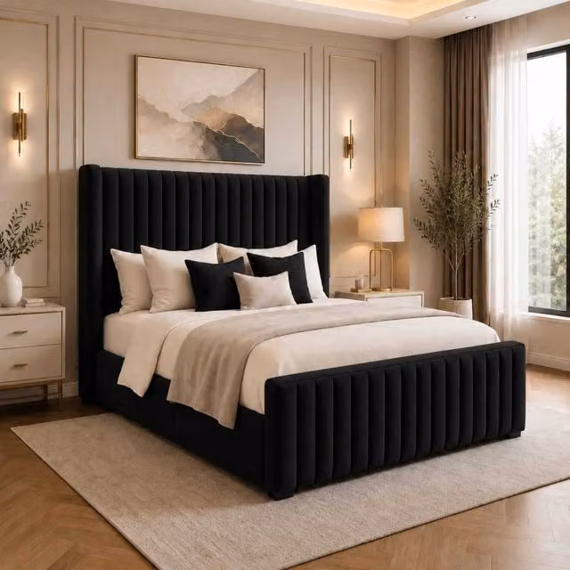 Bellora K Mehmood Enterprise Ltd Upholstered Velvet Bed with Tall Headboard and Footboard in Black
