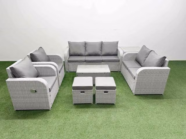 Fimous Grey PE Rattan Garden Furniture Set with Adjustable Sofa, Double Love Seat, Oblong Coffee Table and 2 Stools