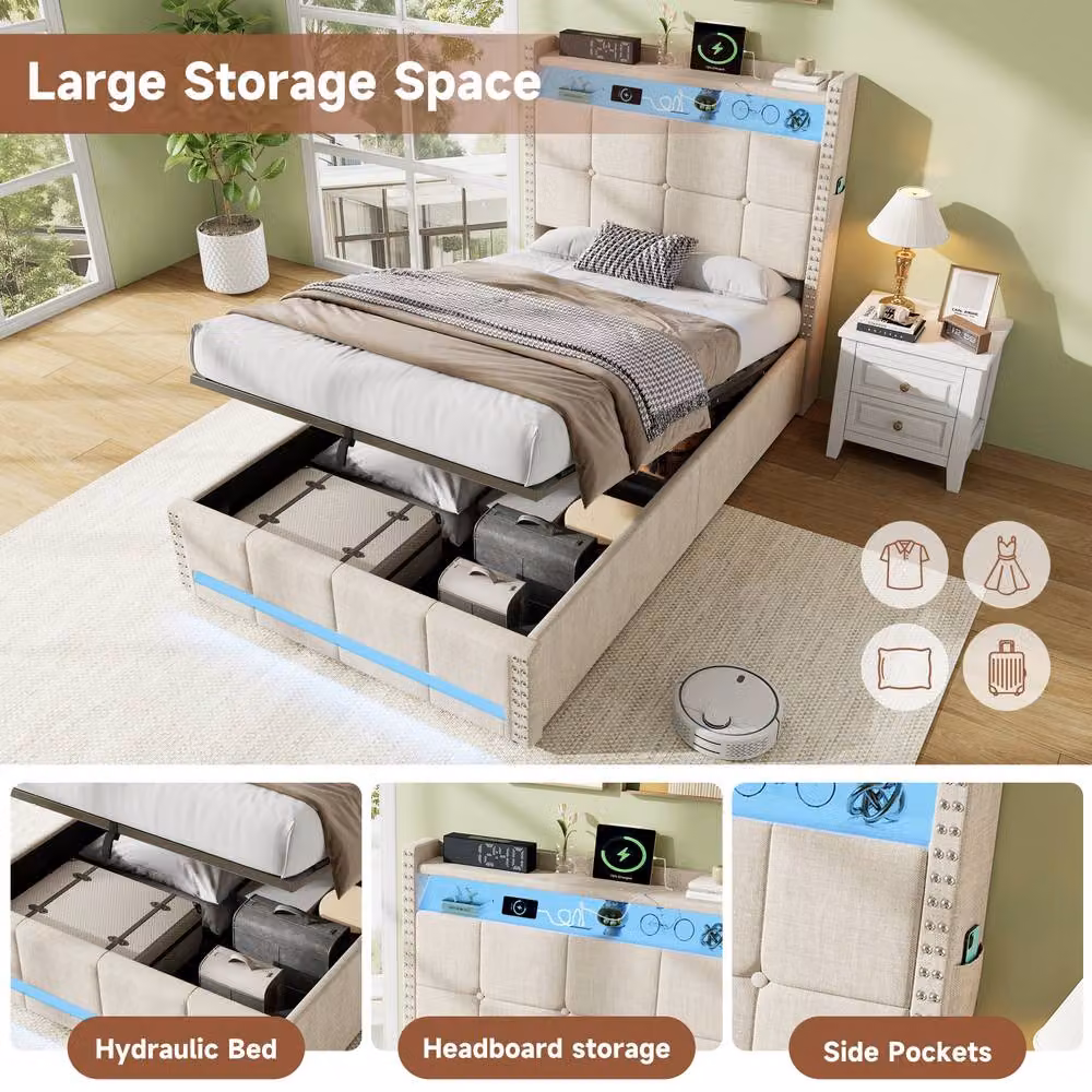 BTM Single LED Rivet Hydraulic Storage Bed in Beige with USB Charging Port and Under-bed Lighting, W/D/H: 90 x 190 cm – 4