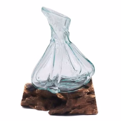 Serenityy Molten Glass Mini Decanter in Transparent with Reclaimed Gamal Wood Base, Height: 24 cm