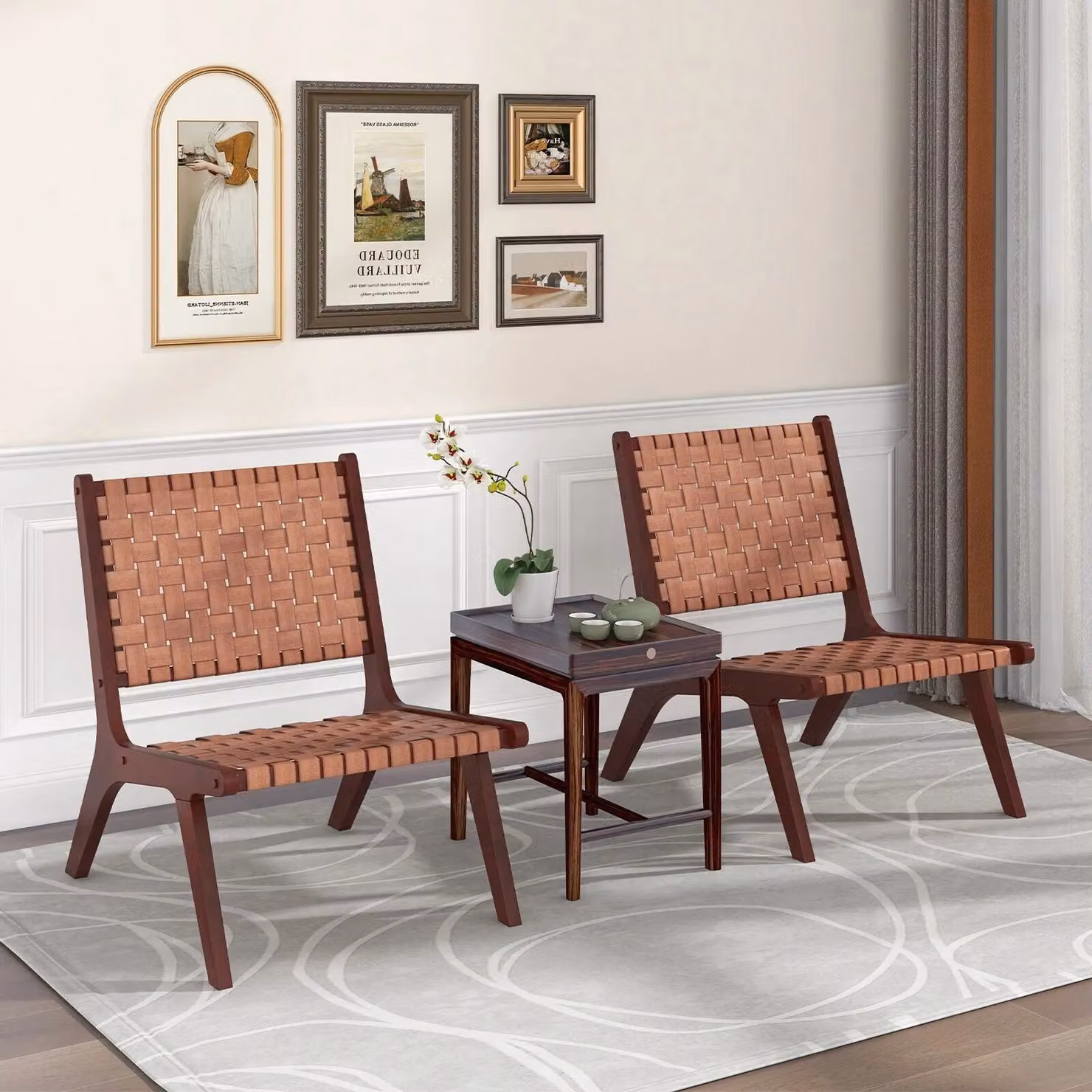 Costway Set of 2 Mid-Century Modern Woven Synthetic Leather Accent Chairs with Solid Rubberwood Frame in Brown – 3
