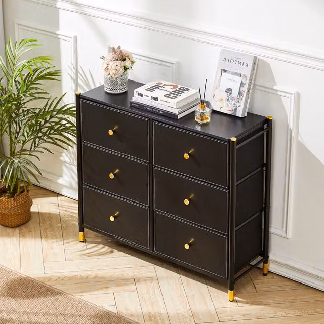 Livinandhome Modern Steel-Frame Cabinet in Black and Gold, W: 88 cm, H: 76.5 cm