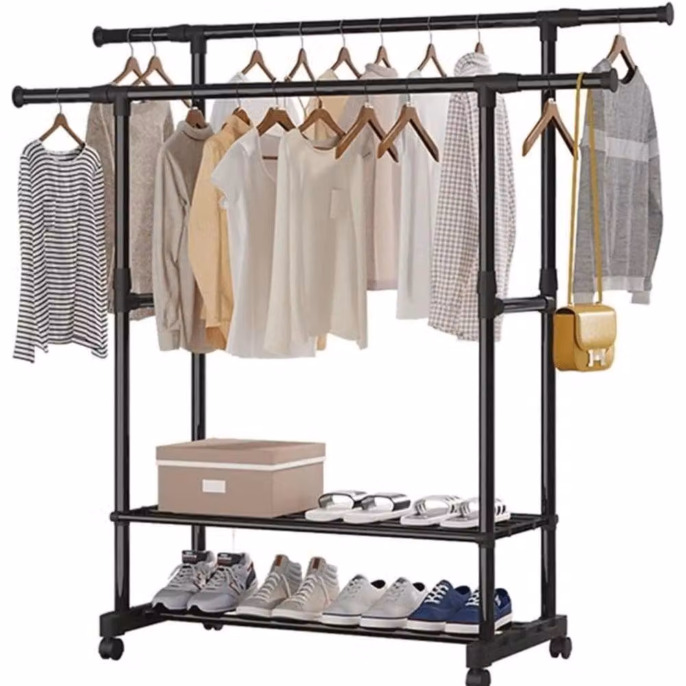 VOGREX Heavy Duty Double Rail Clothes Rack Garment Stand in Black Matt Metal – 3